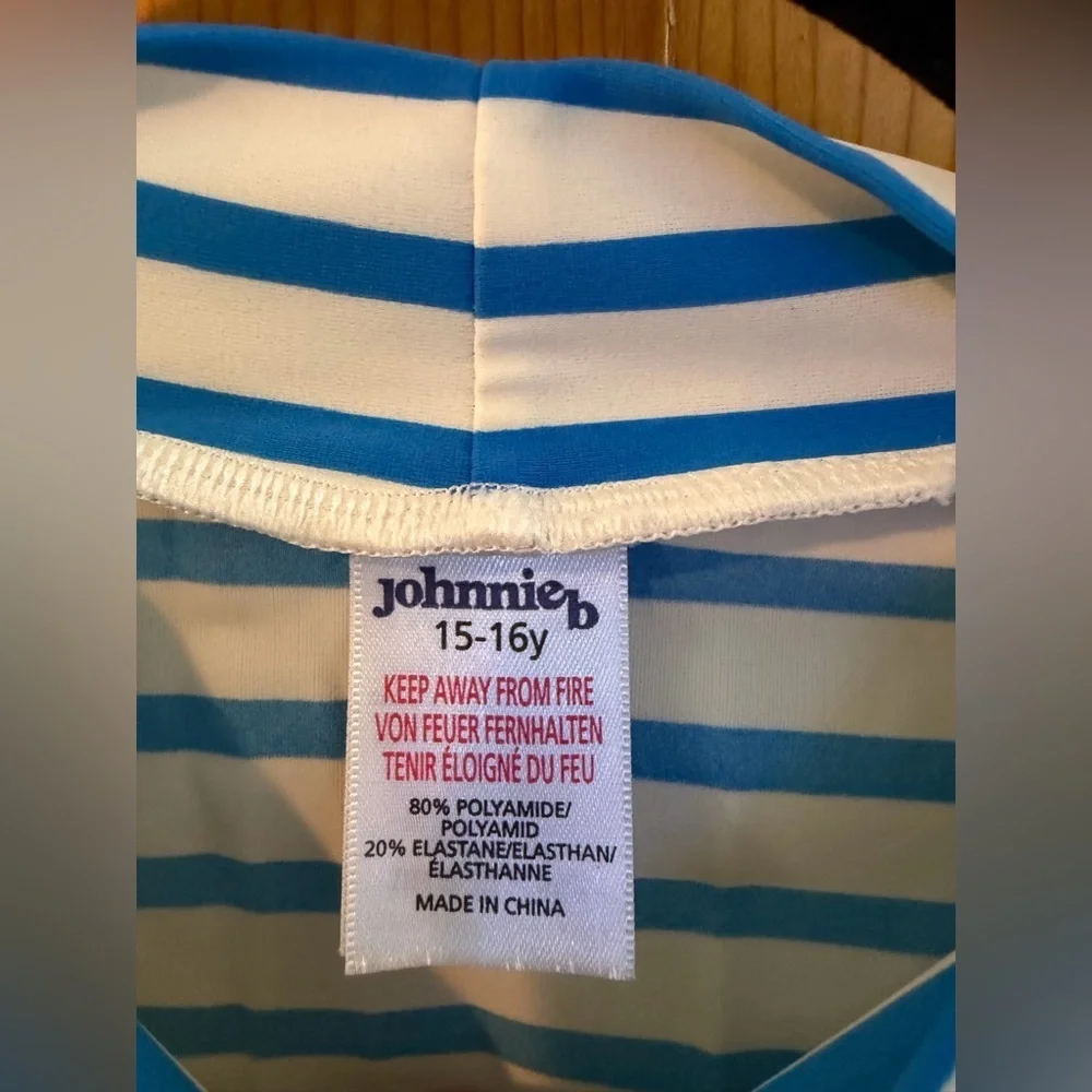 Johnnie B Blue and White Striped Short Sleeve Rash Guard EUC